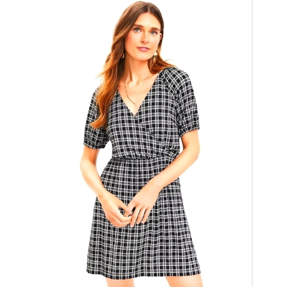 NWT | LOFT | Gingham Puff Sleeve Dress | Small | Black and White